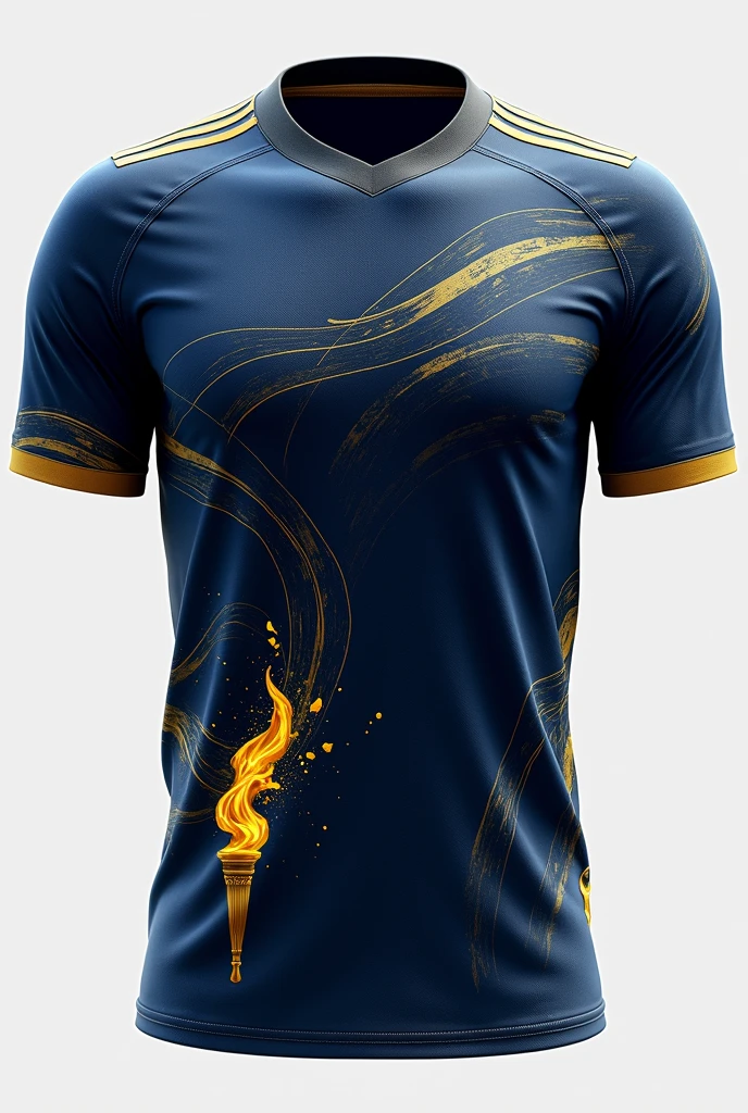 Interclass shirt A sports shirt with a dynamic and striking design. The shirt has a deep navy blue base with an abstract swirl pattern covering the entire surface., giving a sense of movement. A graphic of a large, prominent Olympic torch, with a bright yellow outline, is positioned at the bottom left, symbolizing energy and determination. The collar and sleeve edges are highlighted with a contrasting gold, adding vibrancy to the design. A small gray section around the collar breaks up the dark color scheme., providing balance to the overall look. Extravagant with lots of gold details that don't leave the shirt looking empty