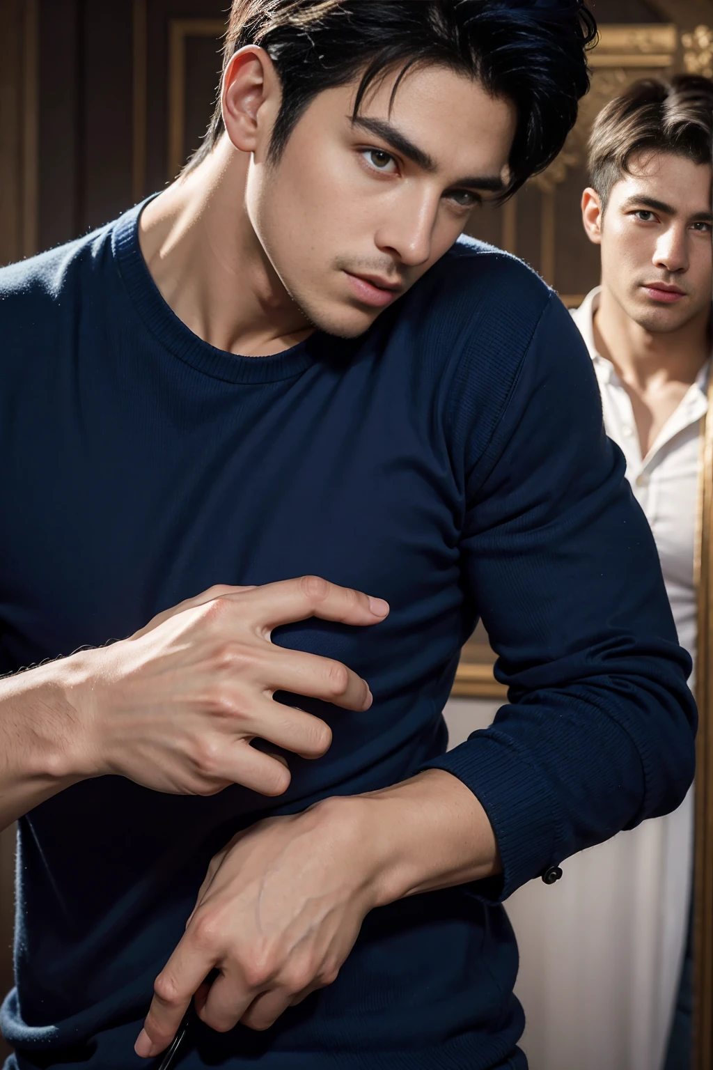 ((masterpiece)),((best quality)),8K,high detail,Very detailed, Very manly,3 men, like,fashion pose, Realistic skin texture, Light,
Royal blue style couple,Perfect hand details