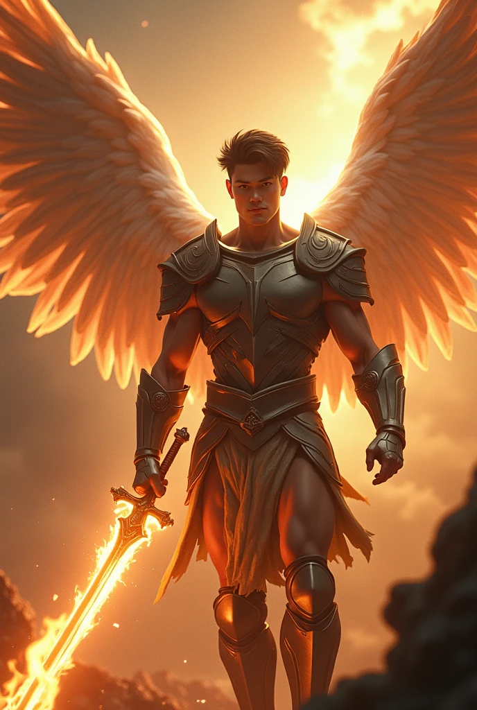 masterpiece, best quality, realistic, ultra detailed, movie poster style, dungeons and dragons character design, celestial, cute bruneian man with round face, soft facial features, muscular, stylish dark hair, majestic white angel wings, homoerotic heavy armor, swooping towards camera, dramatic slashing with magical flaming sword towards camera, god rays, extremely dramatic lighting, perfect fingers, perfect hands, perfection