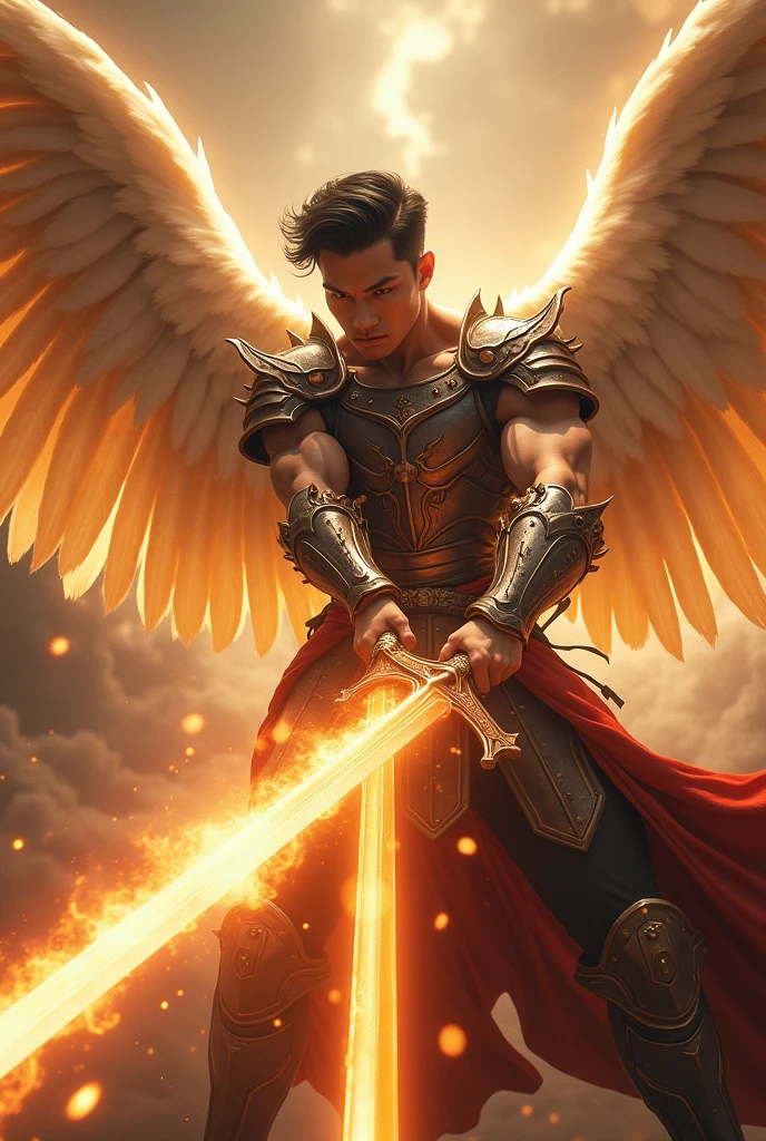 masterpiece, best quality, realistic, ultra detailed, movie poster style, dungeons and dragons character design, celestial, cute bruneian man with round face, soft facial features, muscular, stylish dark hair, majestic white angel wings, homoerotic heavy armor, swooping towards camera, dramatic slashing with magical flaming sword towards camera, god rays, extremely dramatic lighting, perfect fingers, perfect hands, perfection