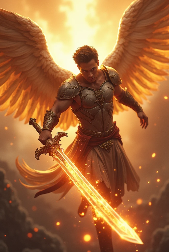 masterpiece, best quality, realistic, ultra detailed, movie poster style, dungeons and dragons character design, celestial, cute bruneian man with round face, soft facial features, muscular, stylish dark hair, majestic white angel wings, homoerotic heavy armor, swooping towards camera, dramatic slashing with magical flaming sword towards camera, god rays, extremely dramatic lighting, perfect fingers, perfect hands, perfection