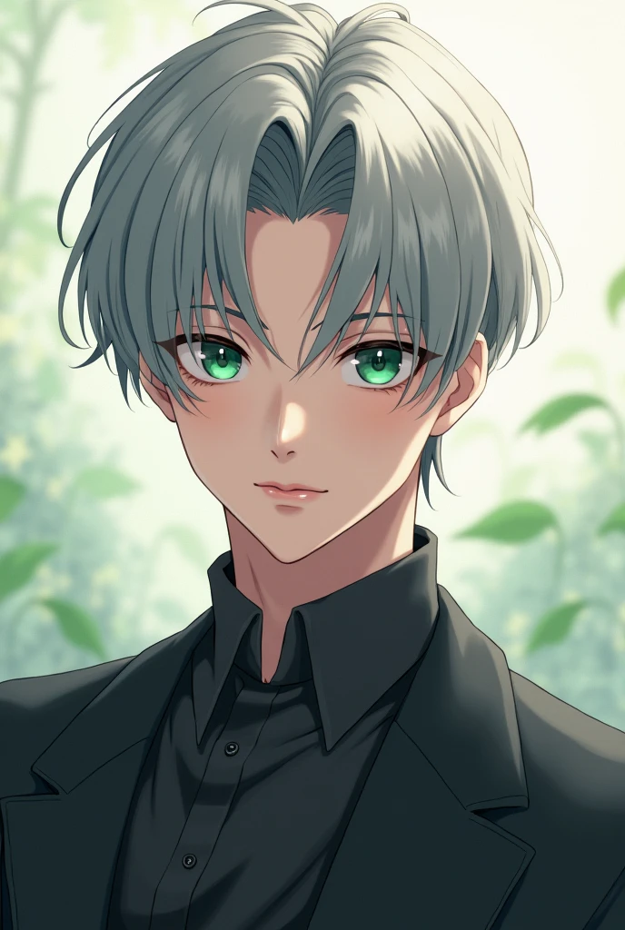 Anime, very handsome, emerald green eyes, grey hair, shy