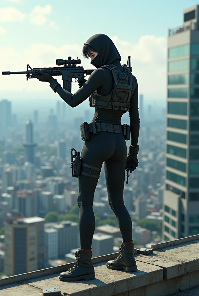 A Japanese female sniper wearing a cloth mask stands on the rooftop of a high-rise building.