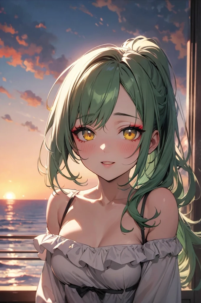 (ecstasy style), (frontale, pov), (looking up, solo:2, 15 yo), (beautiful ponytail) (glossy beautiful green hair long hair) (beautiful cute girl), (glossy lip, love smile), (((makeup red color eye shadow))) (best cute yellow eyes), (medium:1.2 tits), in a Ruffle off shoulder white dress, break, in the evening, in the hotel's Open Lounge, background beautiful sunset in ocean, BREAK, perfect anatomy, masterpiece, best quality, 16k, beautiful detailed Dim, daydreaming expression.