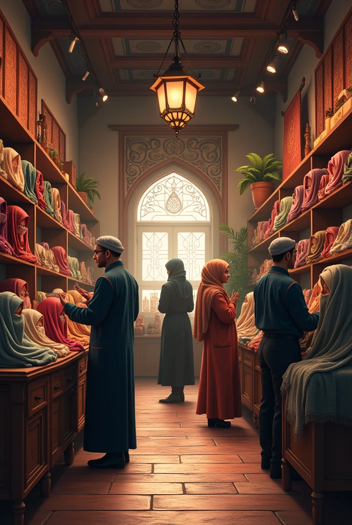 realistic picture inside a shop that sells hijab