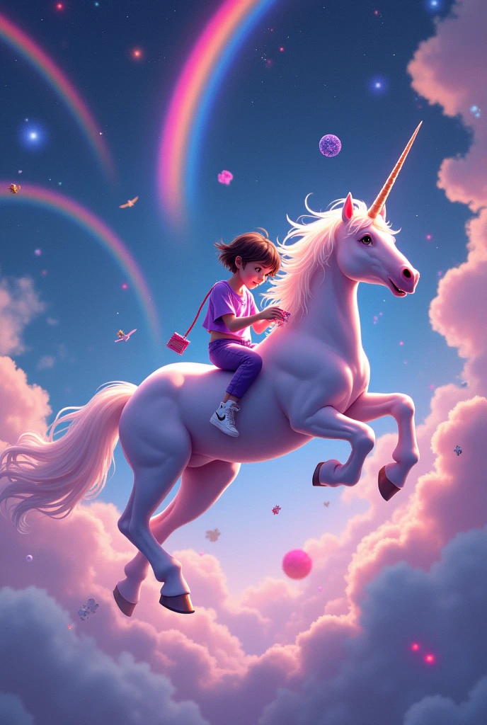 short brown hair 10 year old Girl in a purple crop top Shirt and purple pants and white high cut shoes Floating in space playing Puzzle and rainbows and riding a unicorn