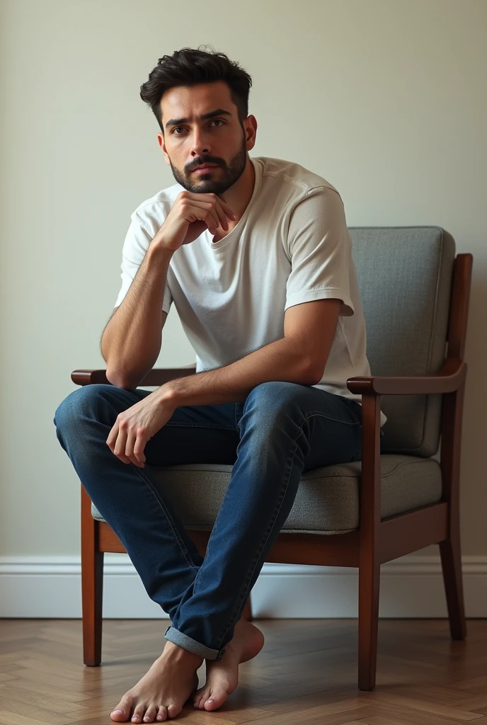 A man who sitting on a chair and tolking front of camera with a plain full body