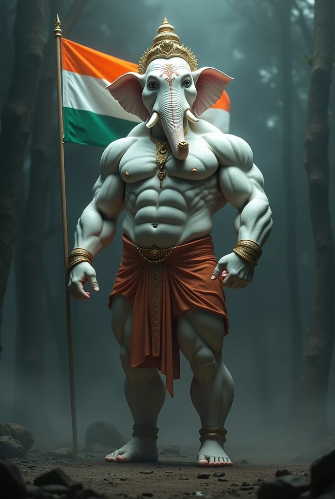 Ganpati god with big muscles detailed whites and black background foggy Indian flag and orange flag six pack