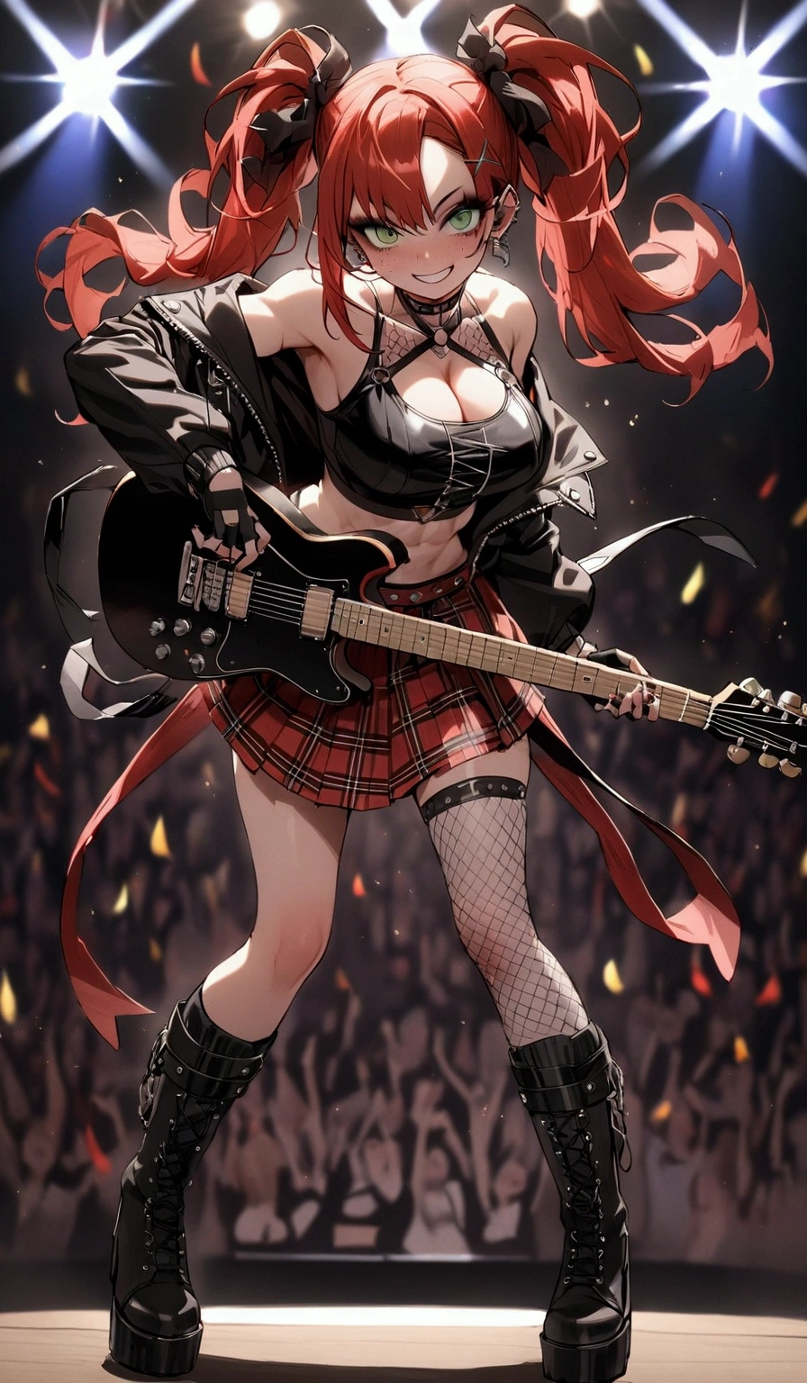 woman, grin, curly red hair in pig tails with ribbons, green eyes, black eyeshadow, wearing crop top black shirt, black jacket, red plaid skirt, black knee high boots, black fingerless gloves, exposed shoulders, large breasts, freckles, abs, cleavage, looking at viewer, masterpiece, best quality, Holo-Punk Style, on stage, rockstar, playing guitar, make up, eyelashes, fish net undershirt, fish net stockings, (full body)