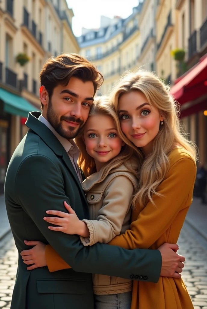 8  blonde blue eyes child hugging her father brown hair and eyes and her mother blonde green eyes taking a selfie on the streets of Paris 8k ultra realistic