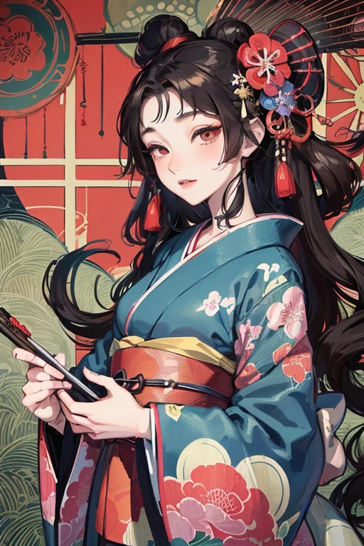 A beautiful woman in a kimono shows her upper white teeth、Vividly colored Japanese Ukiyo-e style illustrations、SeaArt creates stunning illustrations of beautiful women in kimono、Brown-black long hair、Beautiful full body style、Beautiful digital illustrations,、Beautiful digital painting, Anime CG art, Detailed digital anime art, Beautiful anime portraits