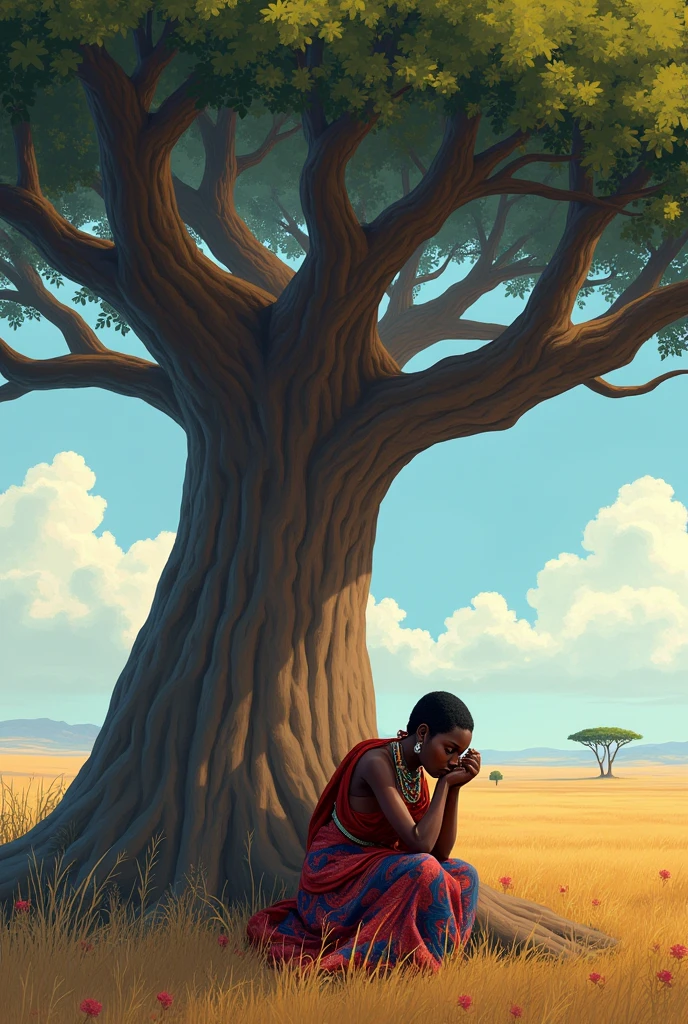 Amina (femme )en larmes, assise sous le baobab, la tête entre les mains. (Massaï)