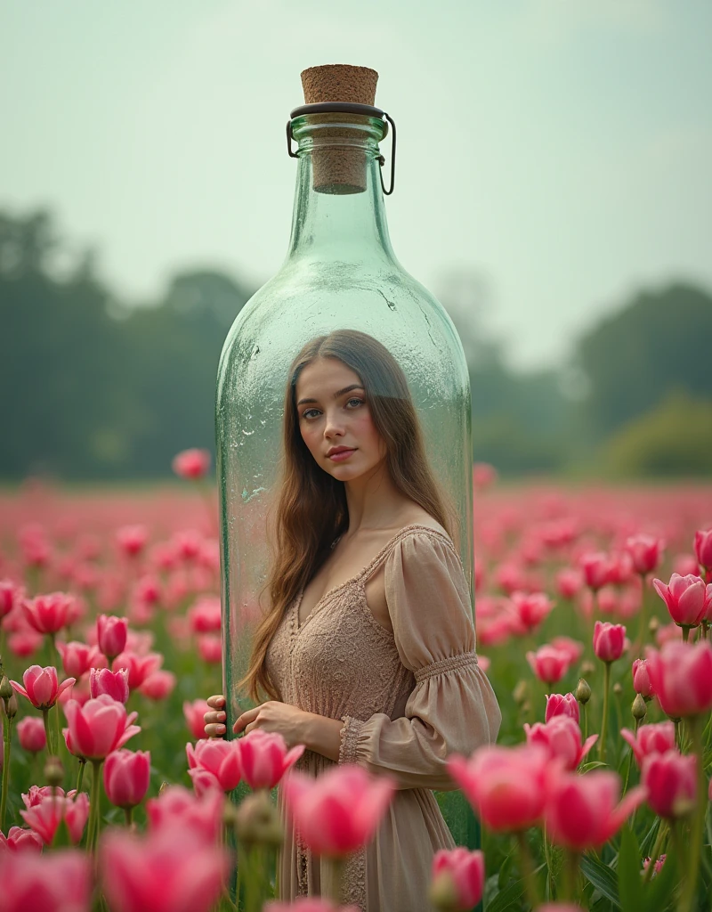 a beautiful 18 year old girl in the giant bottle , a pink flower garden