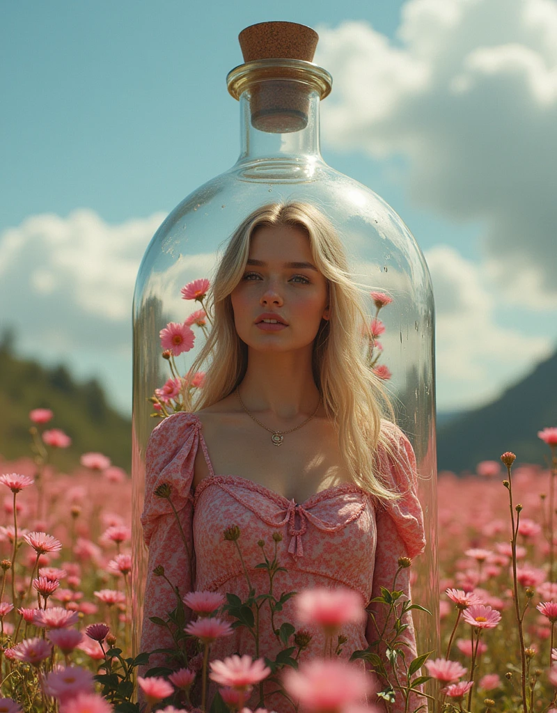 a beautiful 18 year old girl in the giant bottle , a pink flower garden