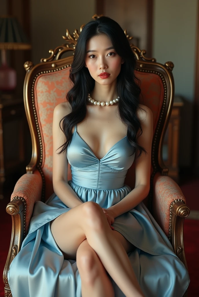High quality, 4K, Japanese woman sitting on antique luxury chair, 5, beautiful legs, red high heels, light blue satin camisole, satin petticoat, black hair, lightly wavy long hair, wrinkles at the corners of the eyes, nasolabial folds, large bust, pearl necklace, looking at the camera,