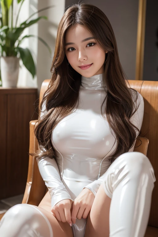 Latex bodysuit、Knee-high boots、Huge 、Long brown hair、Shiny, Oily skin、Glowing Skin、Indoor competition pool、White skin、Flying debris, Highest quality, Realistic, Very detailed, finely, High resolution, 8K デンデ wallpaper, One beautiful woman,, Light brown messy hair, Wear a business suit, Sharp focus, Perfect dynamic composition, Beautiful and detailed, Detailed Hair, Detailed Realistic skin texture, smile, Close-up portrait, Model body type