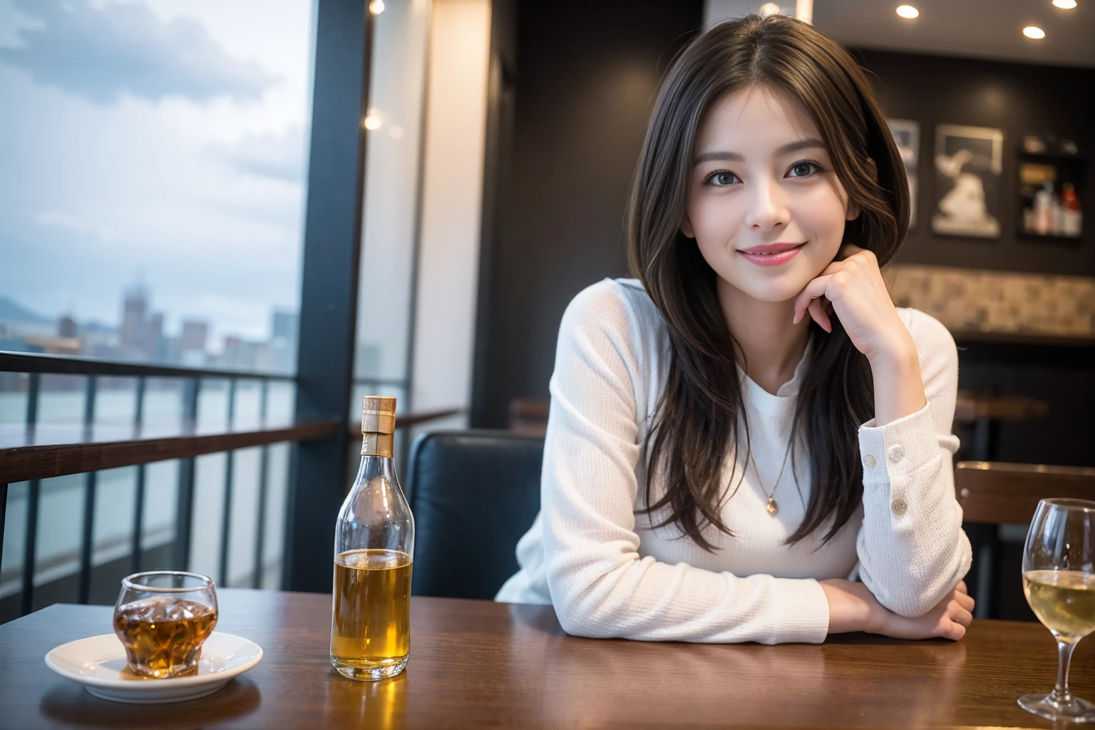 ((Highest quality、8k、masterpiece:1.3))、slimカップル、modelカップル、(Realistic, Intricate details:1.2), full-course dinner、Whiskey bottle and glass on table、Single Malt、scotch、Rocks glass、Shot Glass、on the rocks、Scotland、Amazing view of the sunset sky and clouds、A bright smile、The wonderfulness of smile、 Beautiful Face, blue eyes, The light shines on your face, blush, short hair,Bright Face、 (Age 37), 3,Two beauties、Brown Hair、Shortcuts、Long sleeve shirt、dress、Beautiful woman 1, (slimな顔), (The body is slim), (Brown Hair), (Shortcuts), cheeks turn a little red,Attractive beauty、restaurant, In a prominent place (From the waist up) Nova Frog Style, actress, model, Upper Body, White wine, slim, smile, (smile: 1.15), Beautiful fine grain, Depth f/2,saturation, High Contrast, Strong light and shadow,Moist Body:1.5、3D texture、Delicate eyes、Brown Hair、The hair is very shiny、