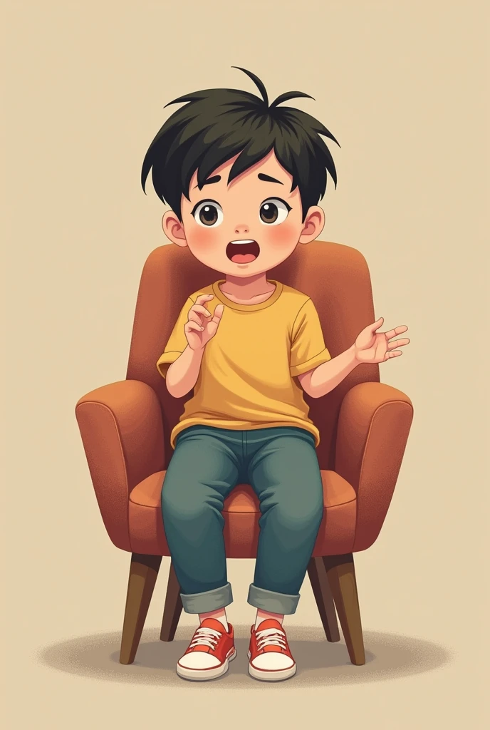 A kid who sitting on a chair and tolking front of camera with a plain full body