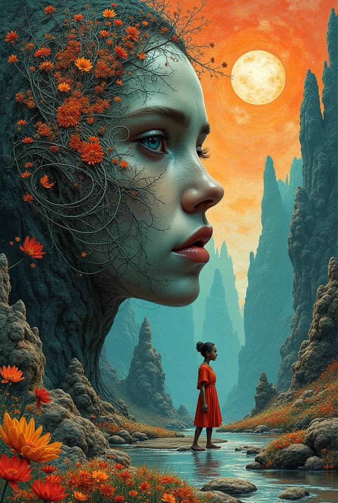 Create a creative arts design using a collage technique  inspired by the art of Moebius and the words patience and persistence
