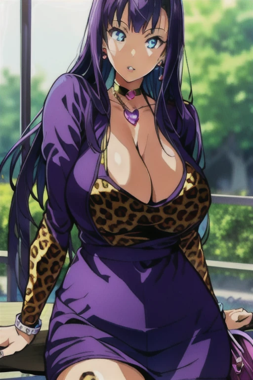 perfect eyes:1.2, detailed eyes:1.4, skindentation,leopard printed long sleeve one piece with v neck cleavage ,Skirt type one piece,Blue eyes, Purple hair, ((blunt bangs)), twin tail,Bare neck, 20yo, Young female, Beautiful Finger, Beautiful long legs, Beautiful body, Beautiful Nose, Beautiful character design, perfect balance, 1girl, solo, (masterpiece:1.6, best quality), 8k, insane details, intricate details, hyperdetailed, hyper quality, high detail, ultra detailed, professional, HDR, ray tracing reflection, cinematic lighting,Cleavage,Busty,Big breast,ear piercing,multistrand Love shaped necklace,Half eyes open,Eyeshadow,Thick lips,Bracelet,Long nail,Ring,black color Chocker,Gyaru,flashy heart shaped earring,outside,((carrying chain Leopard print purse bag)),1hand on hips,Face fully viewed,view from afar,Sitting in bench waiting with crossing leg,Monocolor outfit