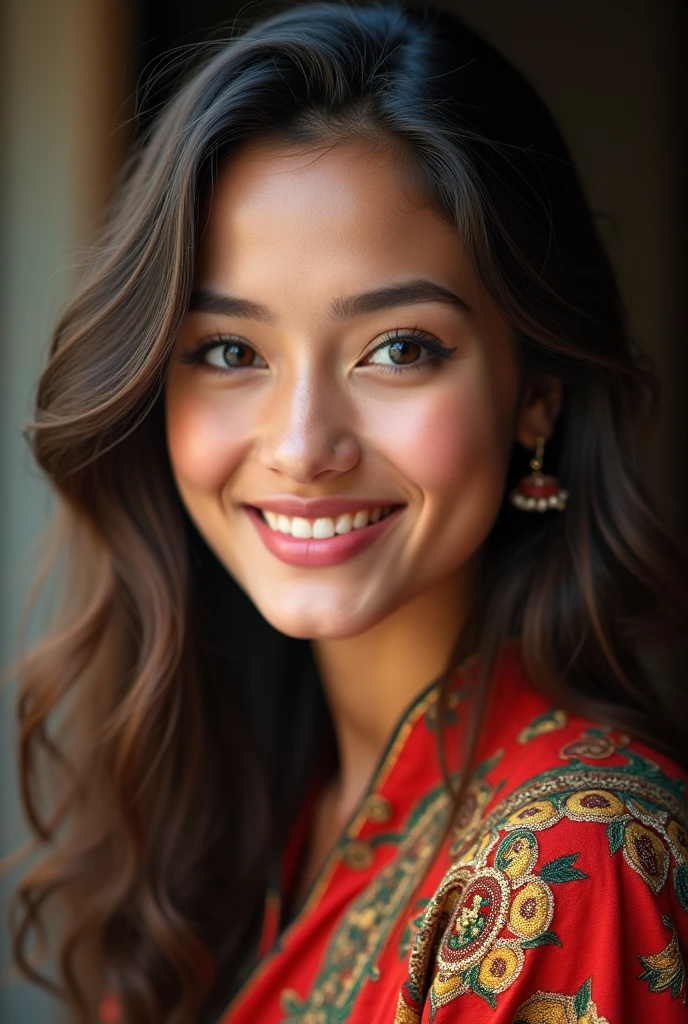 A beautiful girl with a high level of beauti and she is in nepali dress with beautiful smile and she's hair are so shine 