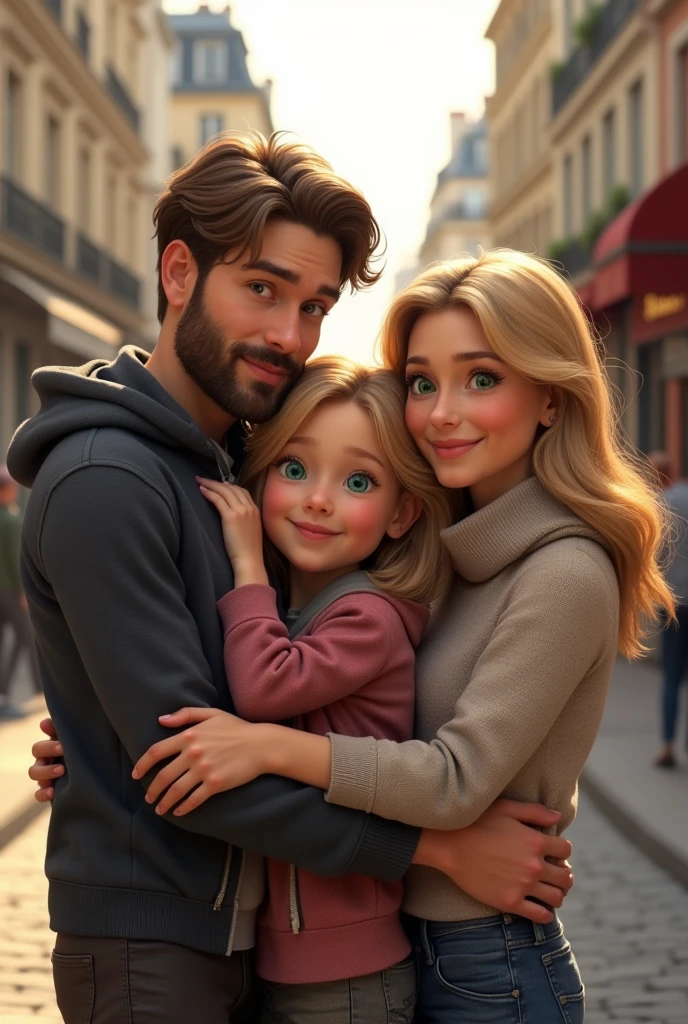 8 year old blonde blue eyes child hugging her father brown hair and eyes and her mother blonde green eyes taking a selfie on the streets of Paris 8k ultra realistic