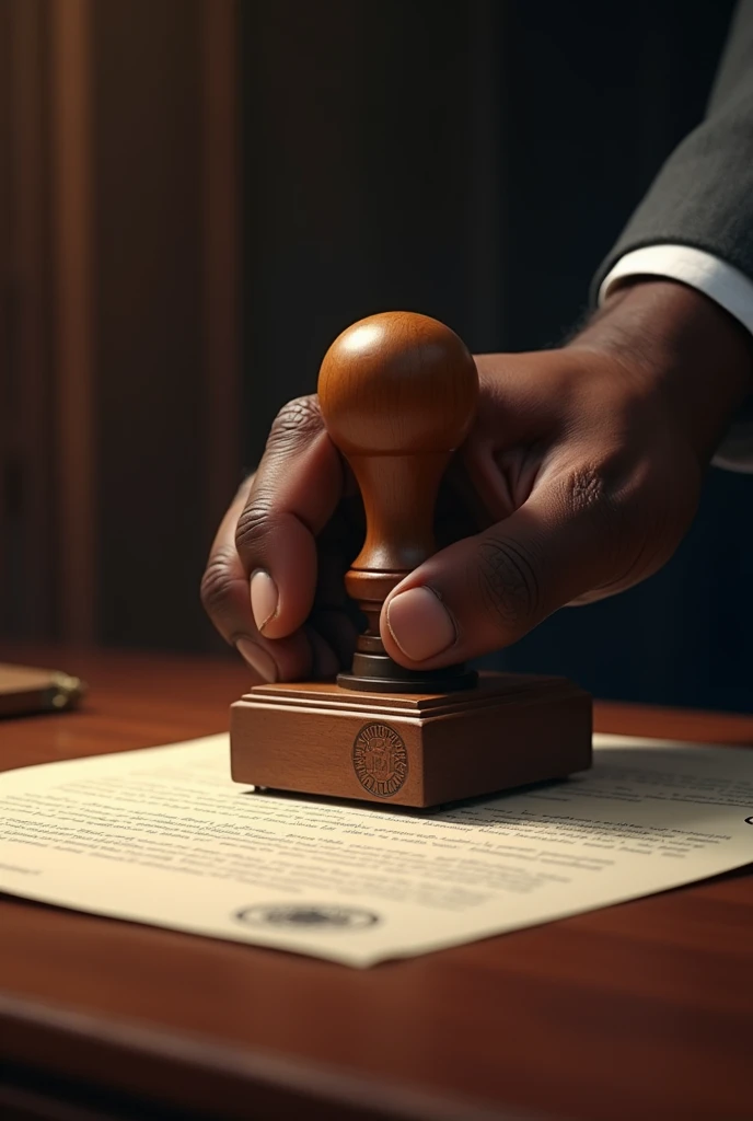 Hand of a black man pressing a wooden stamp on a document 