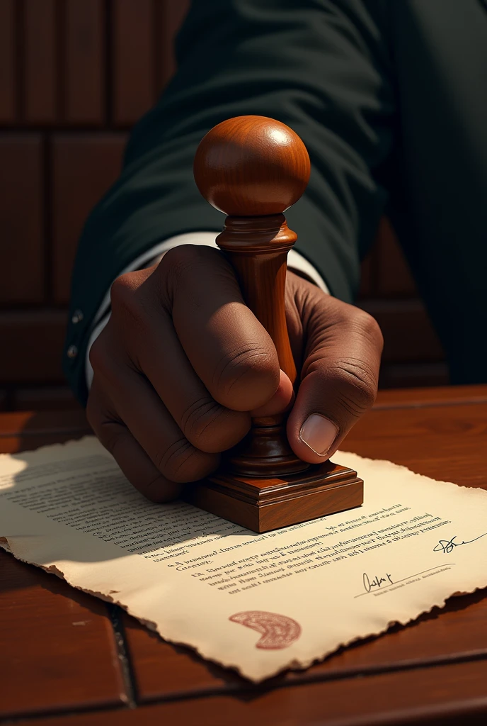 Hand of a black man pressing a wooden stamp on a document 