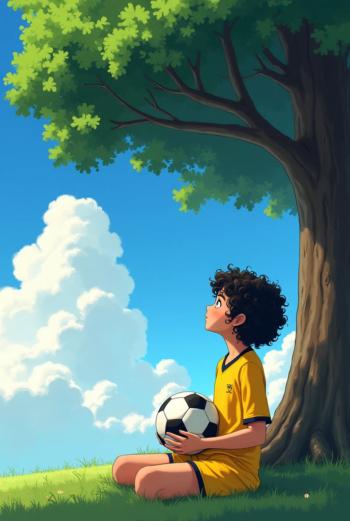 with curly dark hair and black eyes, wearing a yellow soccer t-shirt and shorts, holding a soccer ball in her hand, is sitting near a big tree, dreaming and looking at the sky.