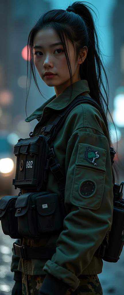 IN, an Asian female soldier in her late 20s, wears a tight ponytail that whips slightly in the cool night breeze. She’s dressed in a unique blend of military and urban streetwear — a black Kevlar tactical vest over a loose-fitting hip-hop-style jacket, camo pants tucked into combat boots. Her attire is a fusion of function and style, with patches and insignias that hint at a storied career.