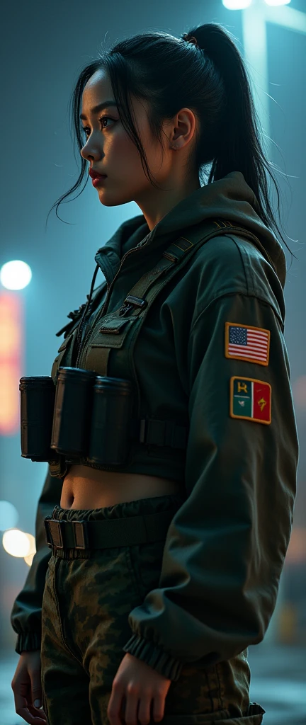 IN, an Asian female soldier in her late 20s, wears a tight ponytail that whips slightly in the cool night breeze. She’s dressed in a unique blend of military and urban streetwear — a black Kevlar tactical vest over a loose-fitting hip-hop-style jacket, camo pants tucked into combat boots. Her attire is a fusion of function and style, with patches and insignias that hint at a storied career.