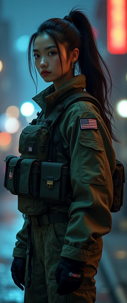 IN, an Asian female soldier in her late 20s, wears a tight ponytail that whips slightly in the cool night breeze. She’s dressed in a unique blend of military and urban streetwear — a black Kevlar tactical vest over a loose-fitting hip-hop-style jacket, camo pants tucked into combat boots. Her attire is a fusion of function and style, with patches and insignias that hint at a storied career.
