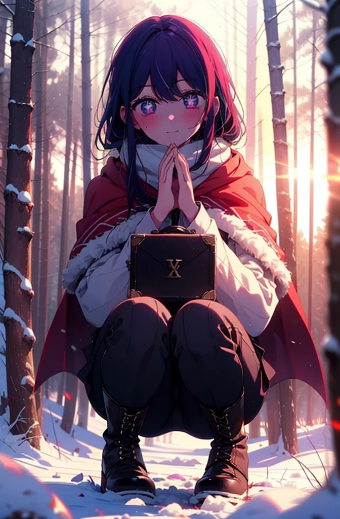 aihoshino, Ai Hoshino, Long Hair, bangs, (Purple eyes:1.1), Purple Hair, (Symbol-shaped pupil:1.5), smile,,smile,blush,white breath,
Open your mouth,snow,Ground bonfire, Outdoor, boots, snowing, From the side, wood, suitcase, Cape, Blurred, , forest, White handbag, nature, Squat, Mouth closed, Cape, winter, Written boundary depth, Black shoes, red Cape break looking at viewer, Upper Body, whole body, break Outdoor, forest, nature, break (masterpiece:1.2), Highest quality, High resolution, unity 8k wallpaper, (shape:0.8), (Beautiful and beautiful eyes:1.6), Highly detailed face, Perfect lighting, Extremely detailed CG, (Perfect hands, Perfect Anatomy),