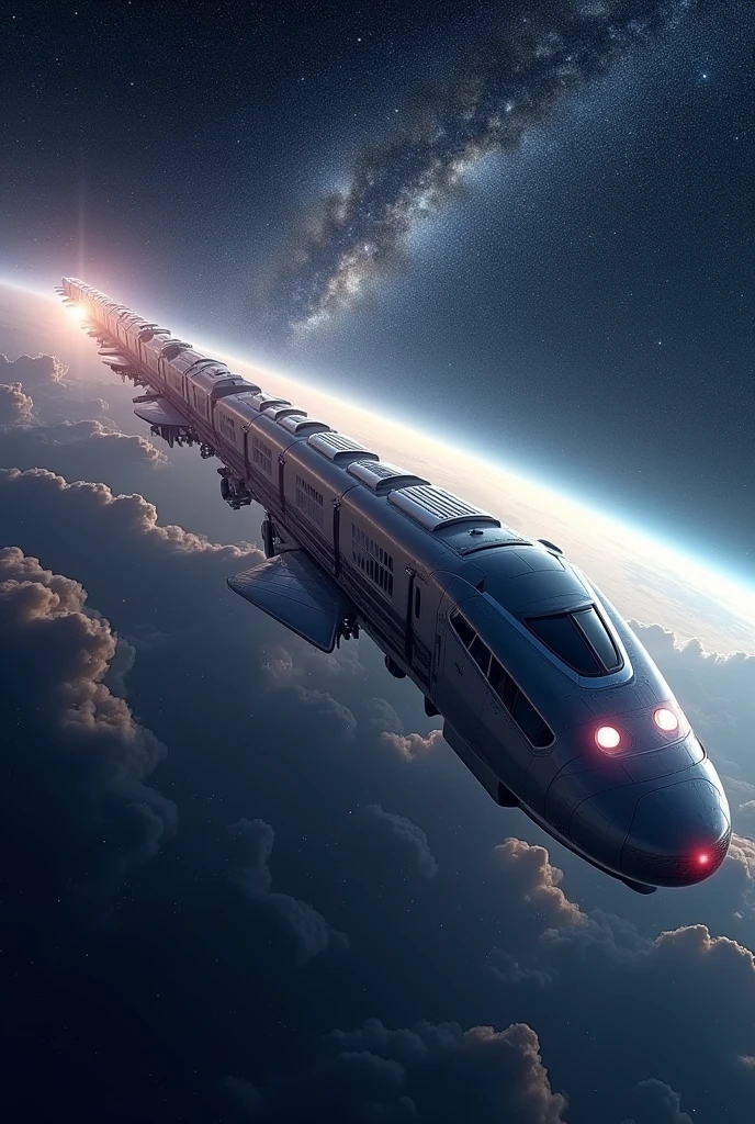 Train-shaped spaceship,10-car train,(Beautiful aircraft:2.0),(The background is outer space and the Milky Way:1.6),masterpiece,Highest quality,Ultra-high resolution,(Super detailed),8k,Realistic,Best aesthetics,beautiful,(dynamic)