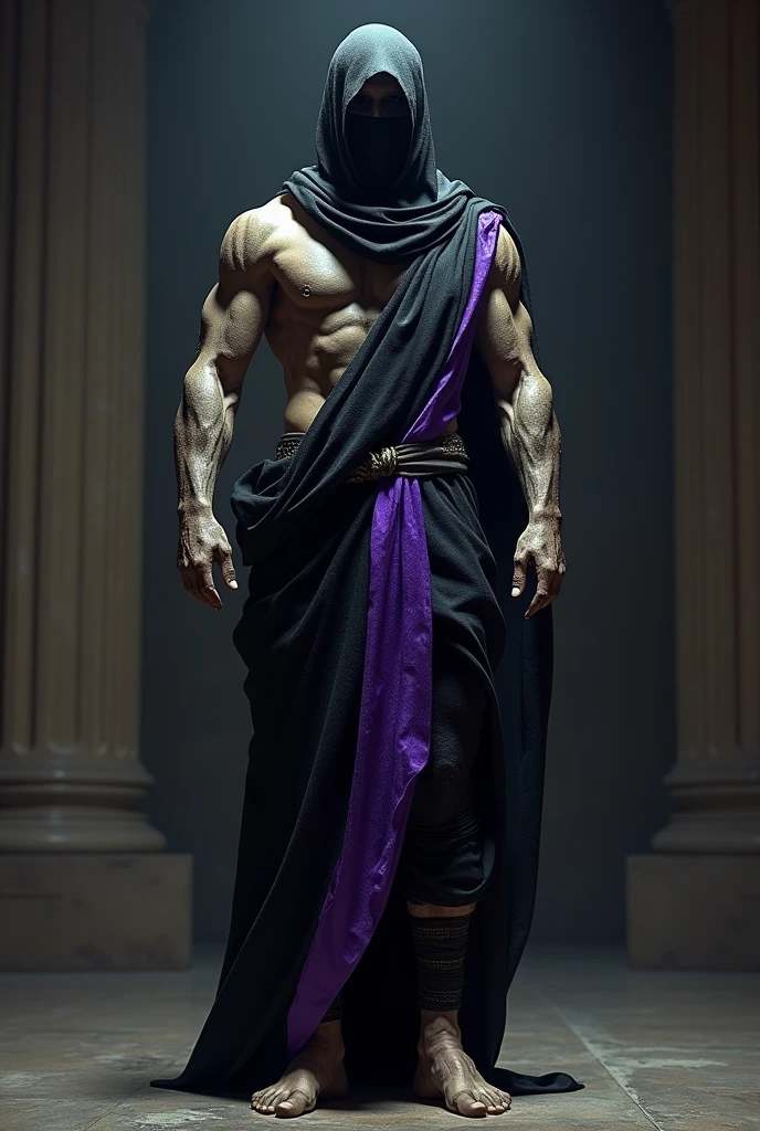 Greek statue dressed in a black ninja outfit with purple accents