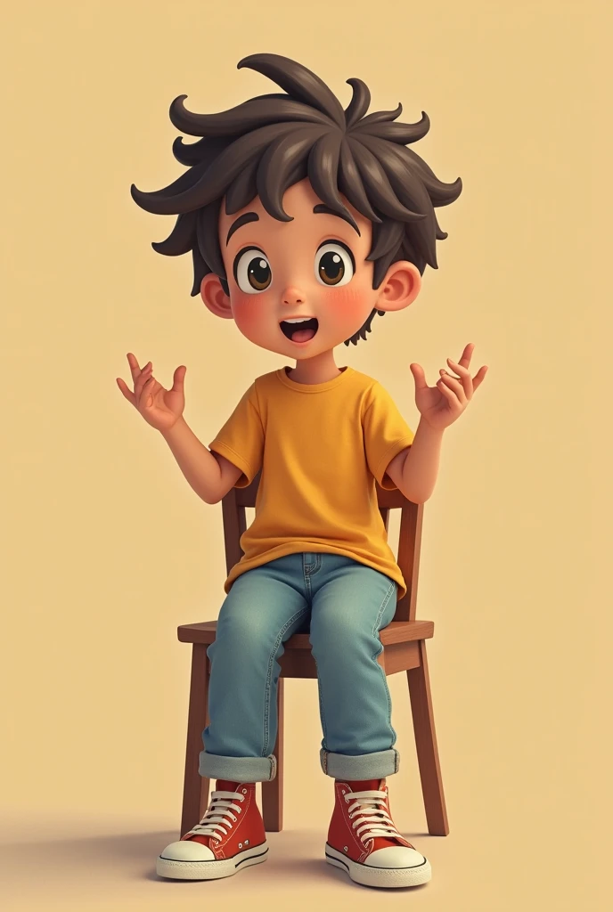 A kid who sitting on a chair and tolking front of camera with a plain full body