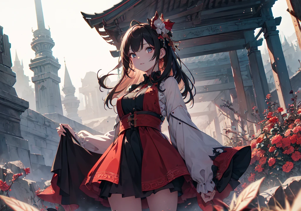 Realistic photos, Focus distance 10mm, Red and white, Beautiful girl, Realistic photos, Shooting at focus distance 10mm, masterpiece, 最high quality, high quality, Very detailed CG 8k wallpaper unit, Award-winning photography, Depth of written boundary, High resolution, bloom, chromatic aberration, Realistic, Very detailed, Art Station Trends, CGsociety Trends, Complex, High detail, dramatic, Art on the go, volumetric lighting, A beautiful girl in Disney Princess style、A scene of standing in front of a cursed temple in the ancient mountains。In the background it is dim、A misty temple and、There is an atmosphere of scary zombies swarming around.。The beautiful girl bravely stands up、Give it a spooky feel that combines Disney magic with horror elements