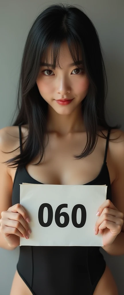photography, an asian woman, Smooth, straight hair, girl, Ultra-detailed skin details, Flirty look, Natural medium breasts, Sweaty body stockings, Holding a sign, The sign has "060" It says , Realistic images