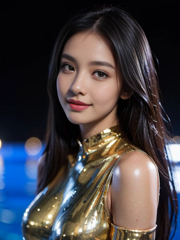Latex bodysuit、Knee-high boots、Huge 、Long brown hair、Shiny, Oily skin、Glowing Skin、Indoor competition pool、White skin、 Body Portrait, 8k, Narrow and beautiful eyes, Dindal effect, masterpiece, 最high quality, high quality, High resolution, Very detailed photos, (Natural skin texture, Fine skin, Hyperrealism, Ultra Sharpness) , Skin with attention to detail, (Very fine, Fine skin texture, Intricate details, Beautiful Face, (A vivid face), Realistic eyes, Beautiful and detailed, Realistic Skin, Beautiful Skin, surreal, Very detailed, Golden Ratio, Smiling Eyes, ((Night moonlight background)), Body Portrait,  glamorous, Shiny Bodysuit