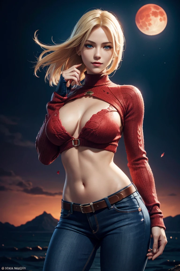 KOF,King of Fighters,Blue Mary,Blue Eyes,Blonde Hair,Medium Hair,Beautiful white skin,Photorealistic,Ultra HD,high quality,masterpiece,Digital SLR,Detailed details,Intricate details,Anatomical basis,Depicted in detail,A detailed face,Realistic skin texture,Vivid details,Perfect Anatomy,Perfect Anatomy,Anatomically correct hand,Anatomically correct fingers,Super Detail,Complex 3D rendering,Sexy pose,Red knitted tops,No sleeve,jeans,Fantasy worldview,Beautiful red sea,Beautiful Red Moon,Beautiful night sky,Petals of roses dance,Picturesque,Pink Lips,smile,
