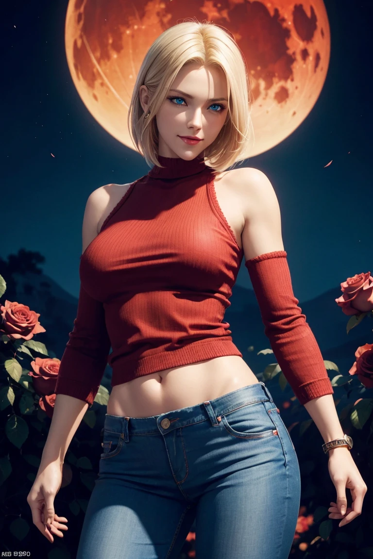 KOF,King of Fighters,Blue Mary,Blue Eyes,Blonde Hair,Medium Hair,Beautiful white skin,Photorealistic,Ultra HD,high quality,masterpiece,Digital SLR,Detailed details,Intricate details,Anatomical basis,Depicted in detail,A detailed face,Realistic skin texture,Vivid details,Perfect Anatomy,Perfect Anatomy,Anatomically correct hand,Anatomically correct fingers,Super Detail,Complex 3D rendering,Sexy pose,Red knitted tops,No sleeve,jeans,Fantasy worldview,Beautiful red sea,Beautiful Red Moon,Beautiful night sky,Petals of roses dance,Picturesque,Pink Lips,smile,