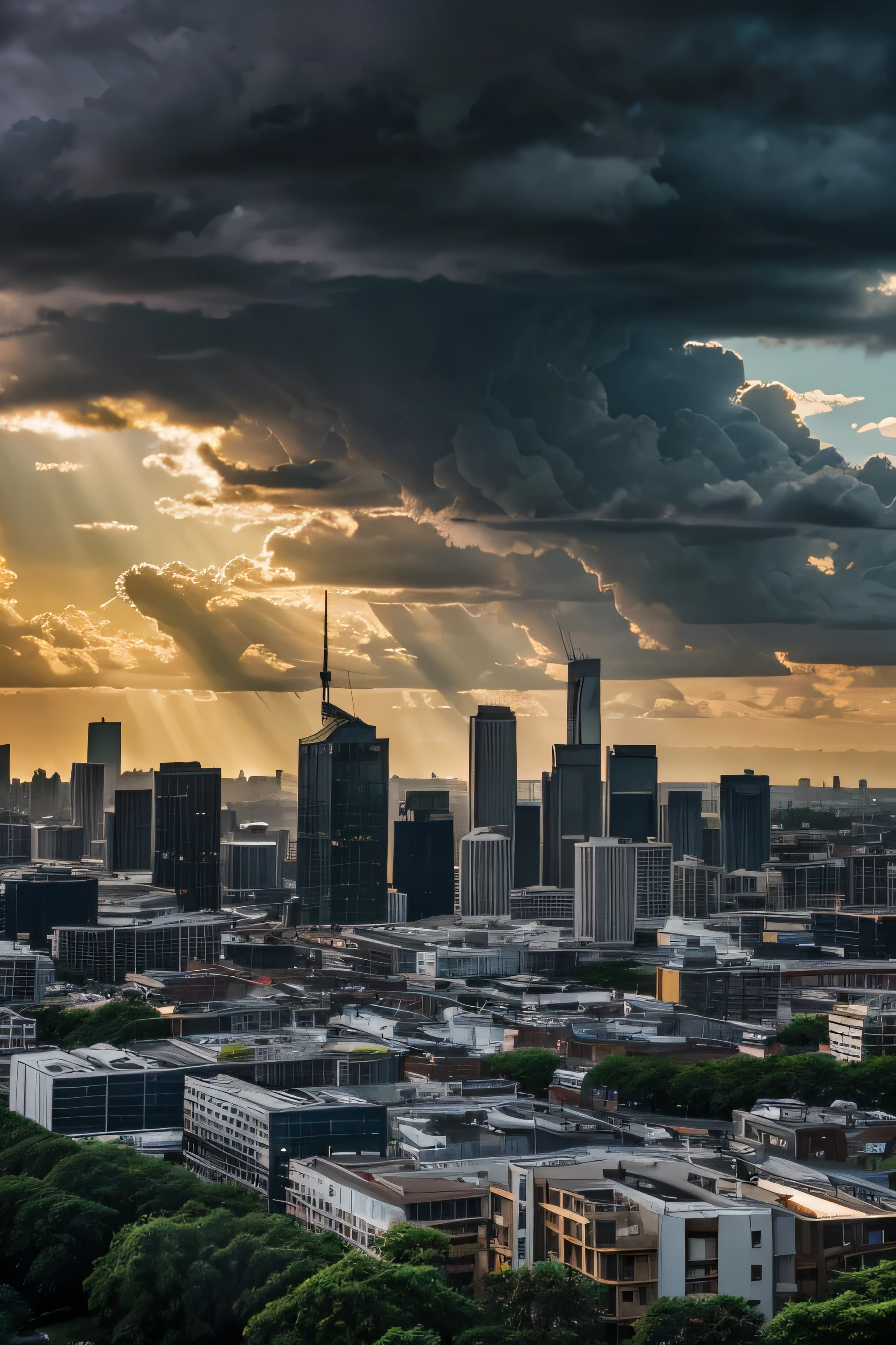 A vibrant city skyline with modern buildings, surrounded by trees, beneath dramatic storm clouds. The sun is setting, casting golden rays through the thick clouds, illuminating parts of the sky in shades of orange and yellow, while the rest of the scene remains dark and moody. The foreground has dense greenery, and tall buildings rise in the background, capturing the contrast between nature and urban life.