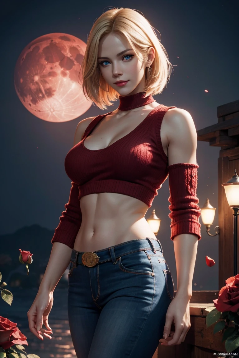 KOF,King of Fighters,Blue Mary,Blue Eyes,Blonde Hair,Medium Hair,Beautiful white skin,Photorealistic,Ultra HD,high quality,masterpiece,Digital SLR,Detailed details,Intricate details,Anatomical basis,Depicted in detail,A detailed face,Realistic skin texture,Vivid details,Perfect Anatomy,Perfect Anatomy,Anatomically correct hand,Anatomically correct fingers,Super Detail,Complex 3D rendering,Sexy pose,Red knitted tops,No sleeve,jeans,Fantasy worldview,Beautiful red sea,Beautiful Red Moon,Beautiful night sky,Petals of roses dance,Picturesque,Pink Lips,smile,