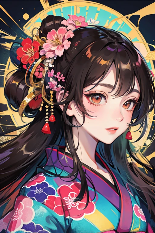 A beautiful woman in a kimono shows her upper white teeth、Vividly colored Japanese Ukiyo-e style illustrations、SeaArt creates stunning illustrations of beautiful women in kimono、Brown-black long hair、Beautiful full body style、Beautiful digital illustrations,、Beautiful digital painting, Anime CG art, Detailed digital anime art,  Beautiful anime portraits
