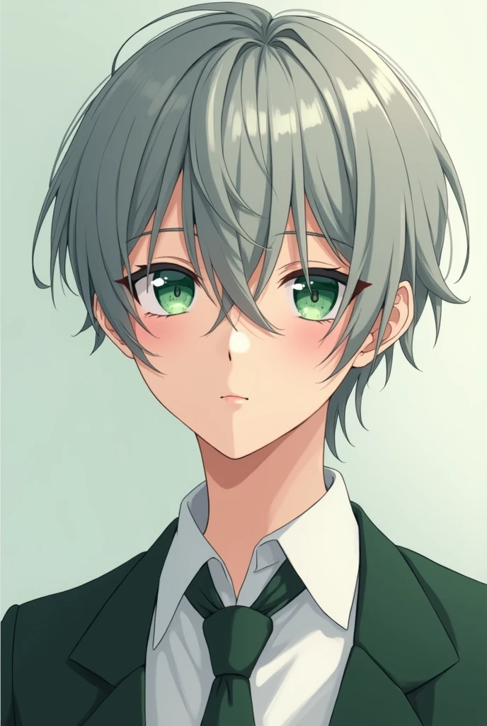 Anime, handsome, ager, emerald green eyes, grey hair, shy, school uniform