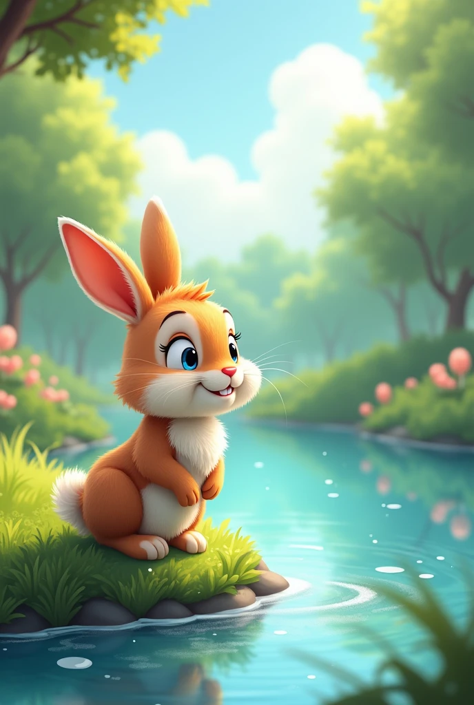 rabbit standing near a sparkling pound in cartoon style
