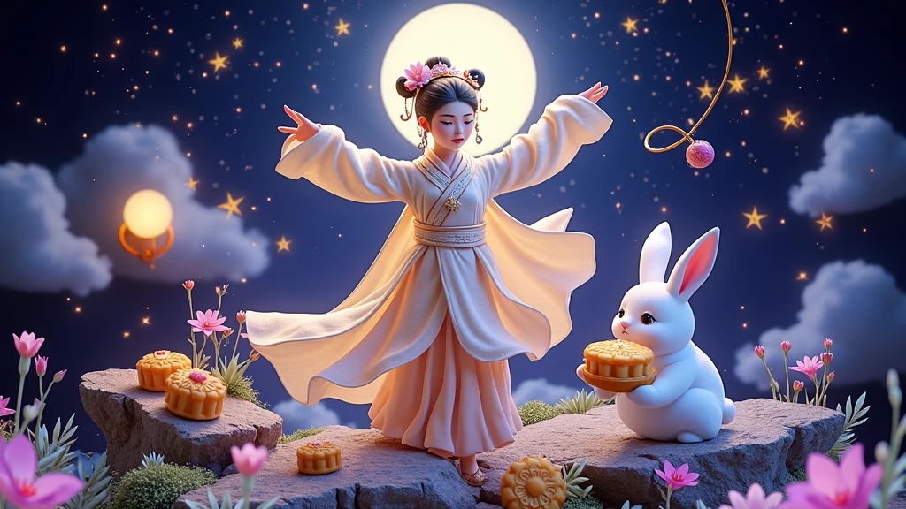 The overall picture presents warm tones，[Vision:1.0]，[Wide Angle:1.0]，Three-dimensional ancient style，Vibrant Chinese Aesthetics，Microphotography, Felt style, 1 girl wearing Hanfu, iridescent gradient fluorescent ribbons，Felt clothing looks soft and warm in the moonlight, She stood under the bright moon, Dancing lightly, Surrounded by the tranquil night sky and hazy clouds, There is a round moon cake next to the girl., Looks sweet and delicious, Next to it is a cute rabbit holding another mooncake., Sparkling stars, Colorful flowers, Seems to be enjoying the food of this festival, Vibrant and fun, Unreal Engine movie scenes, Surreal style, Poster design style, Exquisite，Light Wave，Tradition，Exquisite，Perfect composition，Ultra HD，Crescent earrings，Raise your eyebrows，Jade Phoenix Branch，Forehead Gem，(Look directly at the audience:15)，Surrealism，uhd，masterpiece，precise，Anatomically correct，Textured Skin，Super Detail，8k