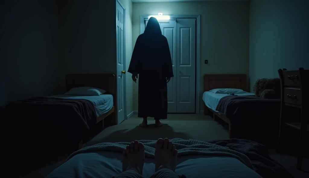 First person view, a dark shadow figure in dark robe stands at the end of a bed, a blanket is covering a pair of the viewer's feet. It is midnight and the single dorm room is dimly lit by a night lamp 