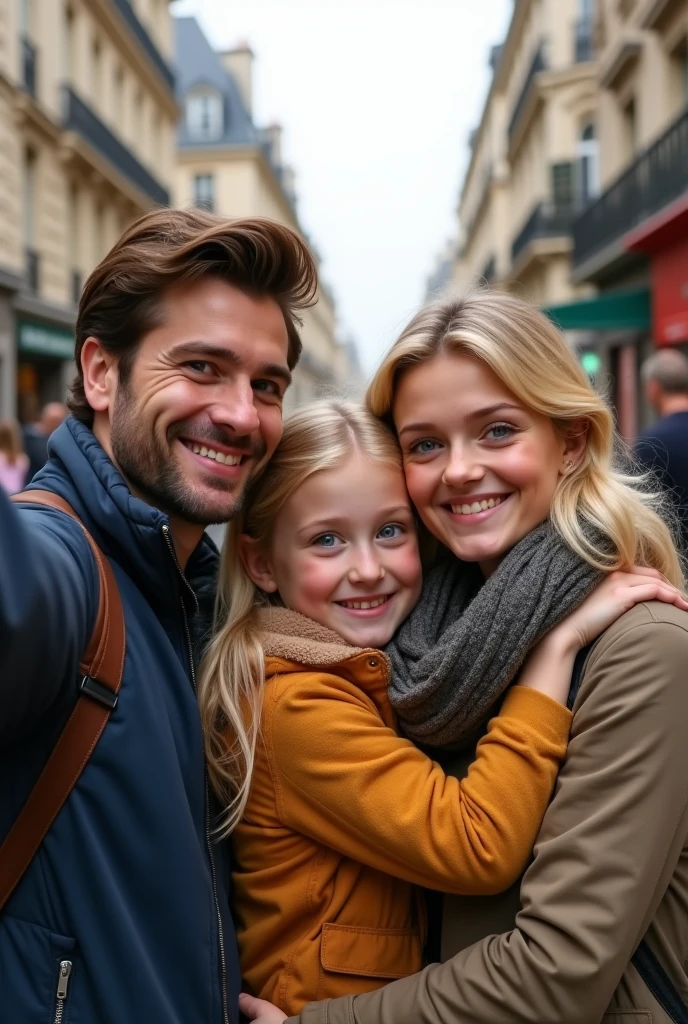 8 year old blonde blue eyes child hugging her father brown hair and eyes and her mother blonde green eyes taking a selfie on the streets of Paris 8k ultra realistic Photorealistic