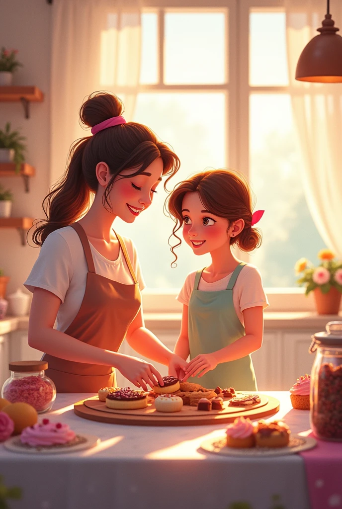 Create a watercolour theme about a mother and daughter making strawberry shortcake, chocolate chips cookies and rainbow parfait with layers of colorful fruits and creamy yogurt inside their house at sweetopia ville